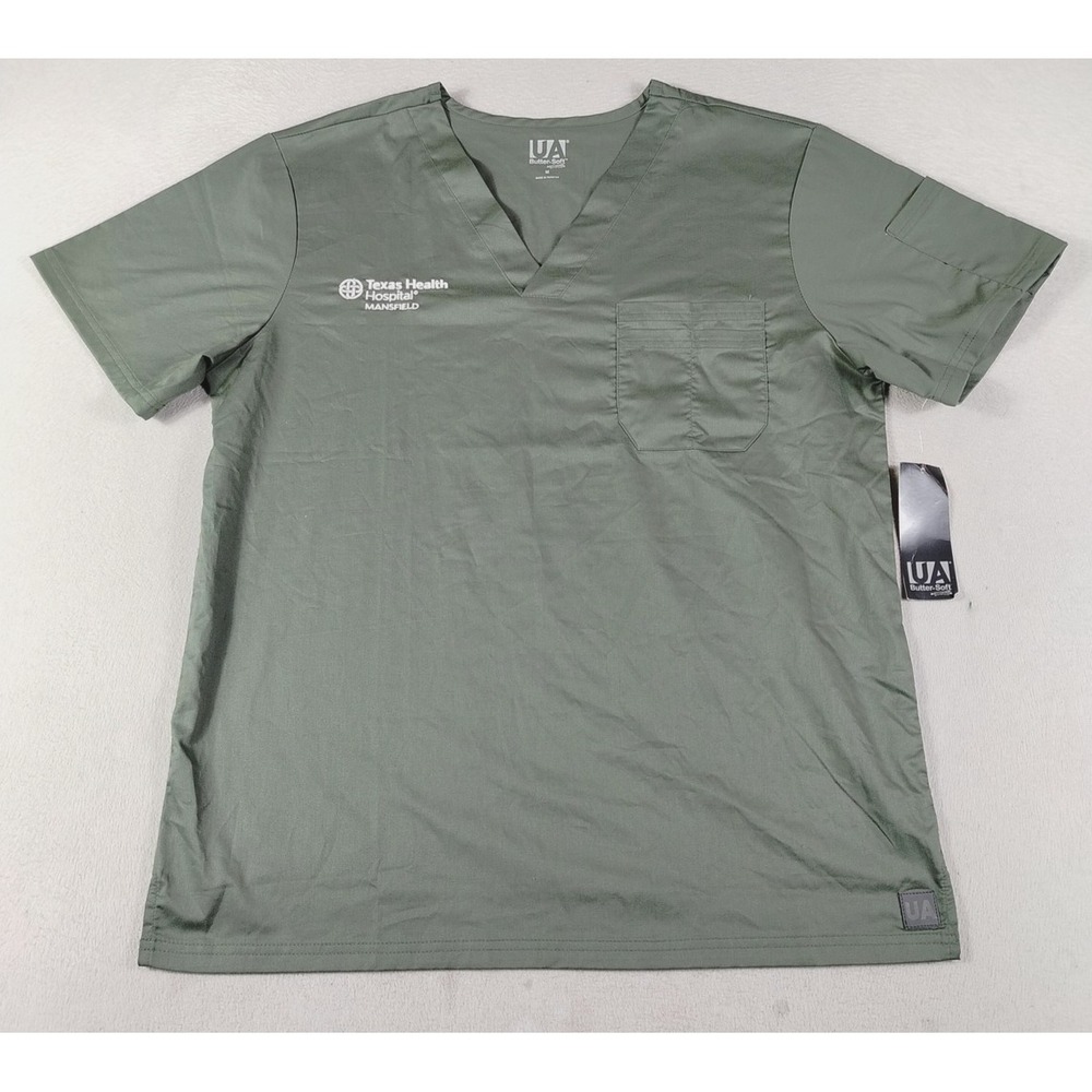 UA Butter-Soft Scrub Top Mens Medium Green V Neck Texas Health Hospital Nurse ER